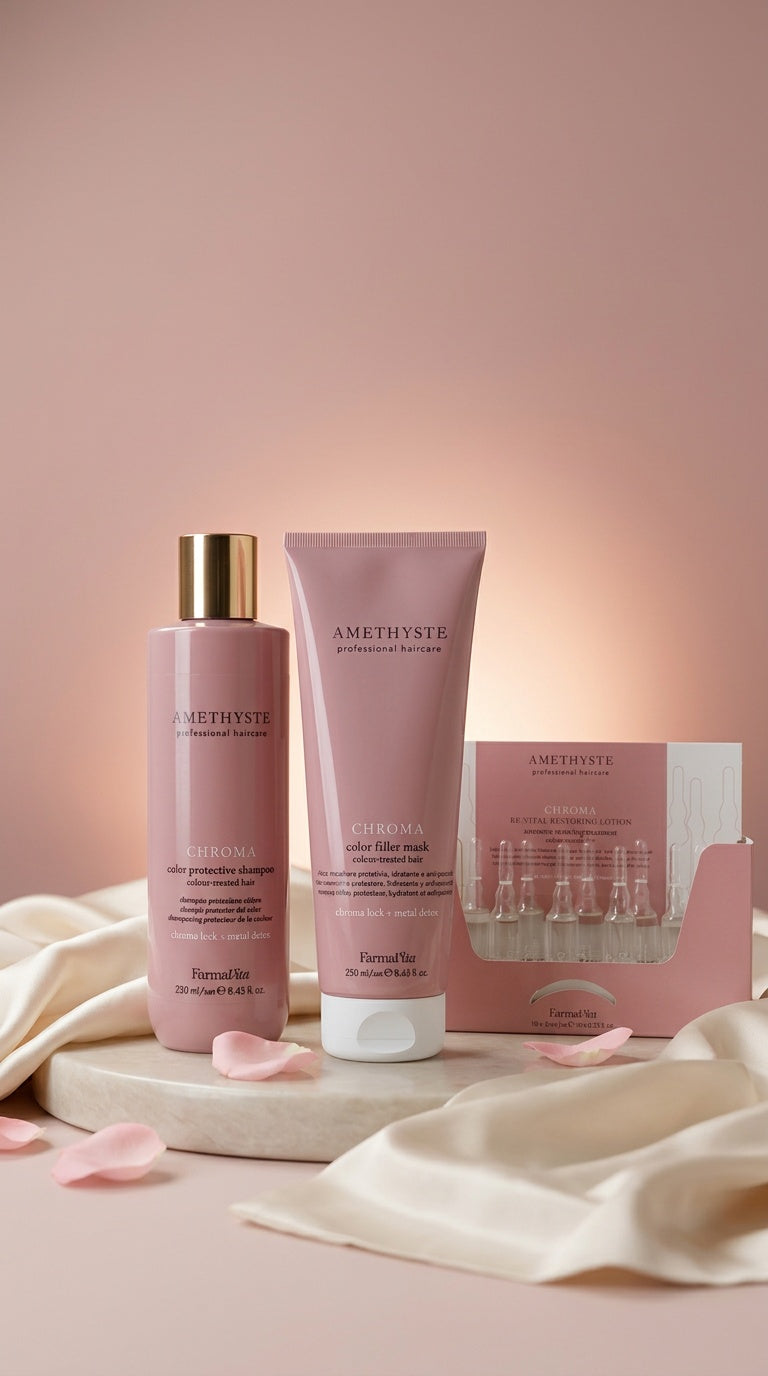 Amethyste Color Pflege Set – CHROMA Color Protective Shampoo 250 ml + CHROMA Color Filler Mask 250 ml + CHROMA Re-Vital Restoring Lotion 10x10 ml