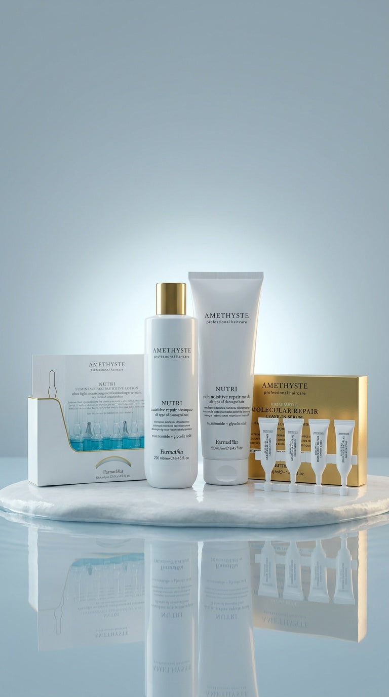 Amethyste Repair Pflege Set – NUTRI Repair Shampoo 250 ml + NUTRI Repair Mask 250 ml + NUTRI Luminescence Lotion 12x8 ml + Molecular Repair Leave-In Serum
