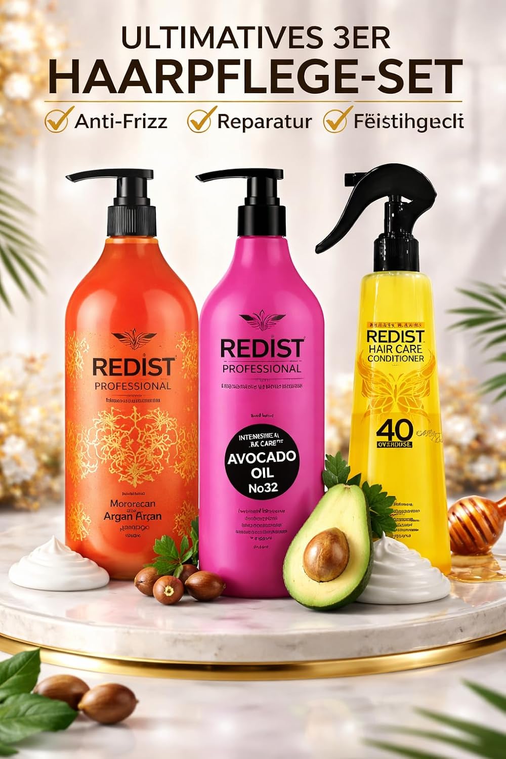 Redist Argan & Avocado Haarpflege Set – Shampoo 500 ml + Avocado Haarcreme 500 ml + Two Phase Conditioner 400 ml