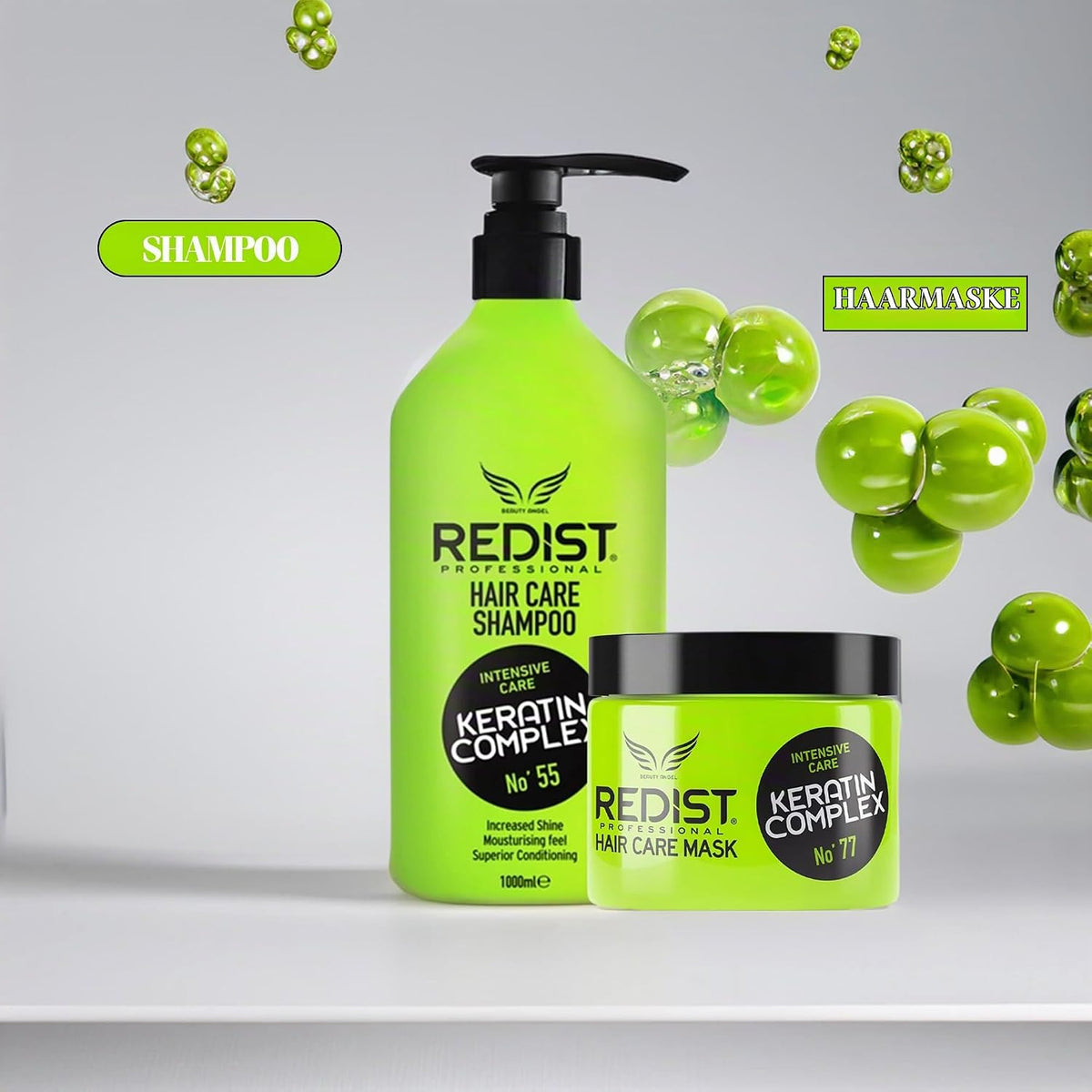 Redist Keratin Haarpflege Set – Shampoo 500 ml + Haarmaske 475 ml + Two Phase Conditioner 400 ml + Haarparfüm Love Garden 50 ml