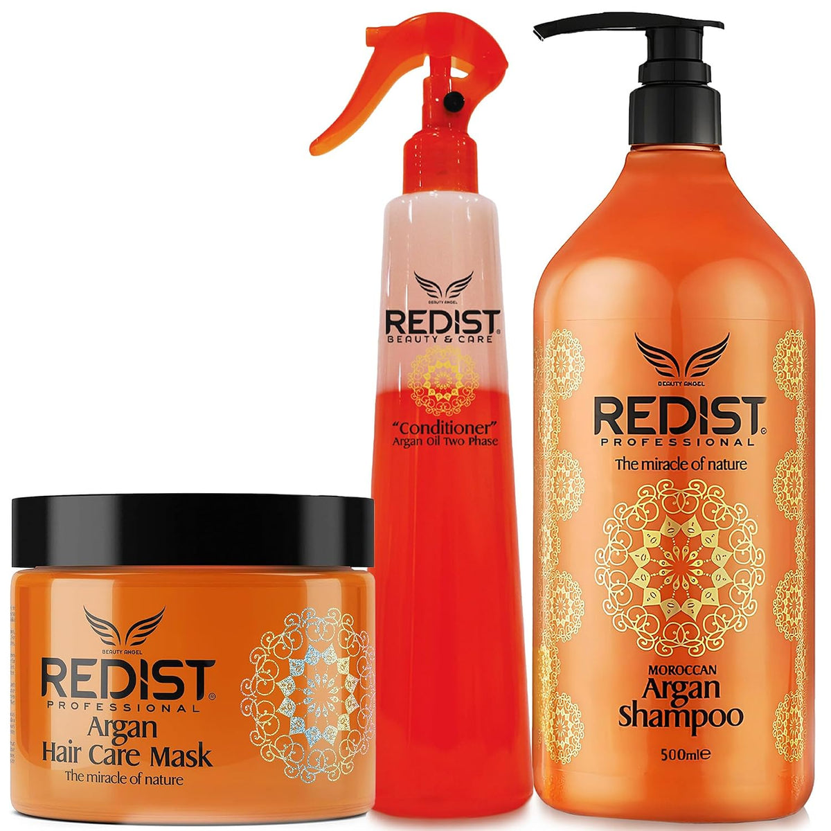 Redist Argan Haarpflege Set – Shampoo 500 ml + Haarmaske 475 ml + Two Phase Conditioner 400 ml