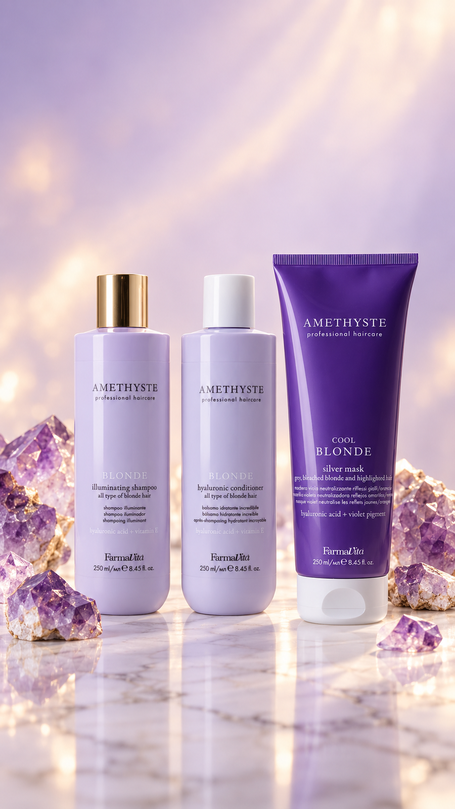 Amethyste Blonde Pflege Set – Illuminating Shampoo 250 ml + Hyaluronic Conditioner 250 ml + Cool Blonde Silver Mask 250 ml