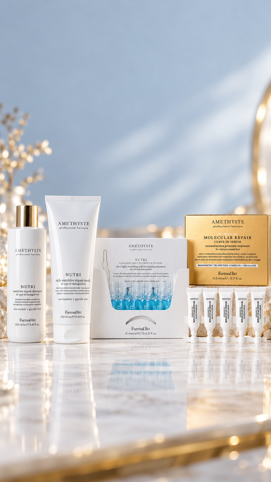 Amethyste Repair Pflege Set – NUTRI Repair Shampoo 250 ml + NUTRI Repair Mask 250 ml + NUTRI Luminescence Lotion 12x8 ml + Molecular Repair Leave-In Serum