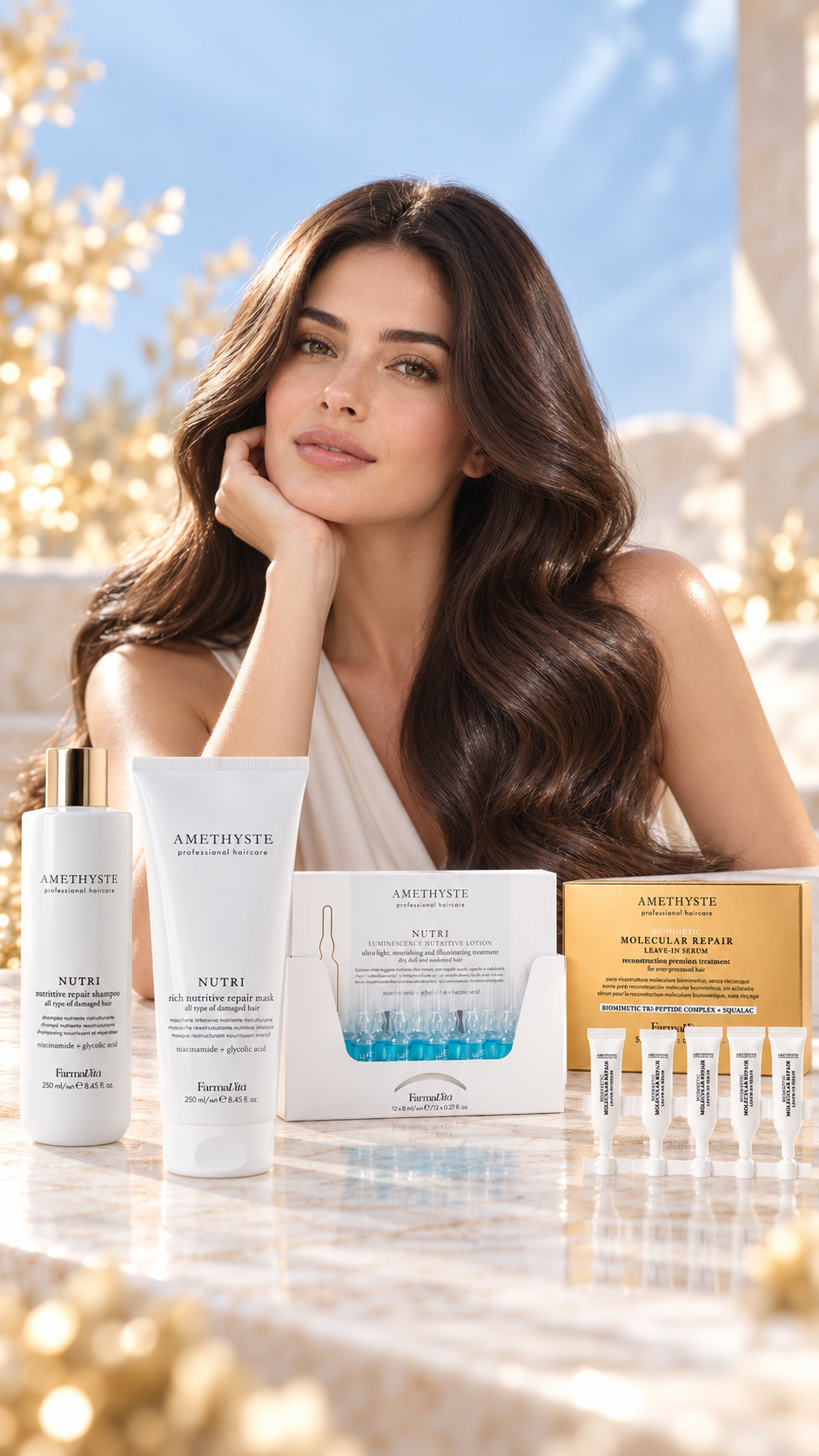 Amethyste Repair Pflege Set – NUTRI Repair Shampoo 250 ml + NUTRI Repair Mask 250 ml + NUTRI Luminescence Lotion 12x8 ml + Molecular Repair Leave-In Serum