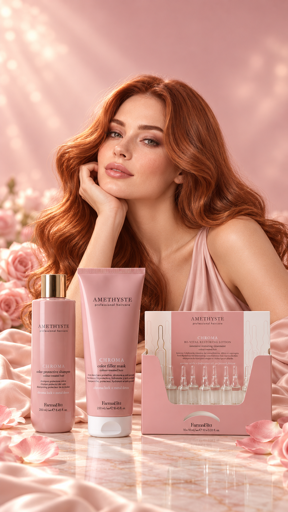 Amethyste Color Pflege Set – CHROMA Color Protective Shampoo 250 ml + CHROMA Color Filler Mask 250 ml + CHROMA Re-Vital Restoring Lotion 10x10 ml
